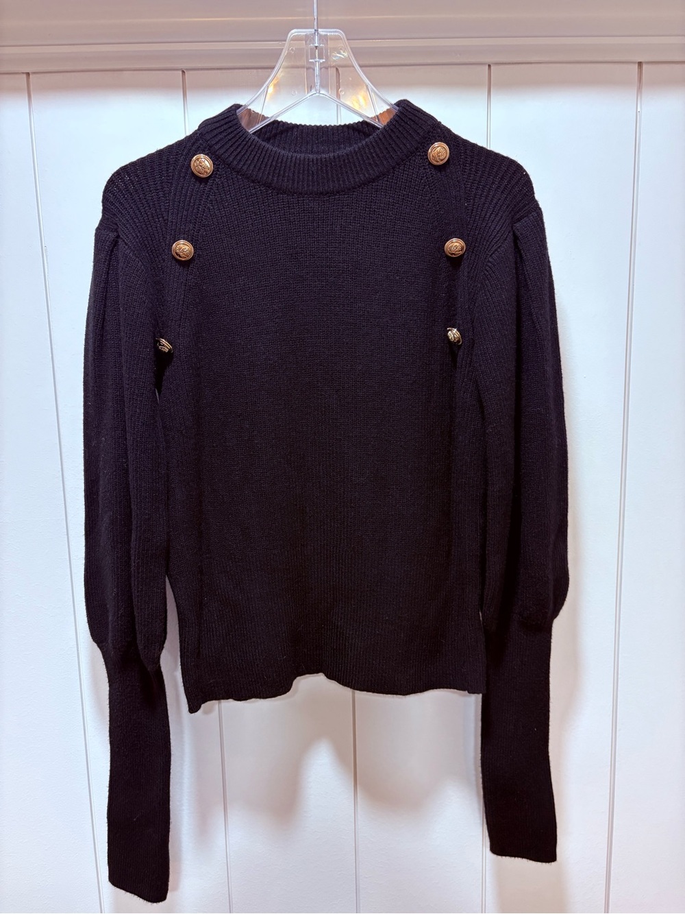 Do + Be Sweater Womens Size Medium Black Puff Long Sleeves Embellished Button